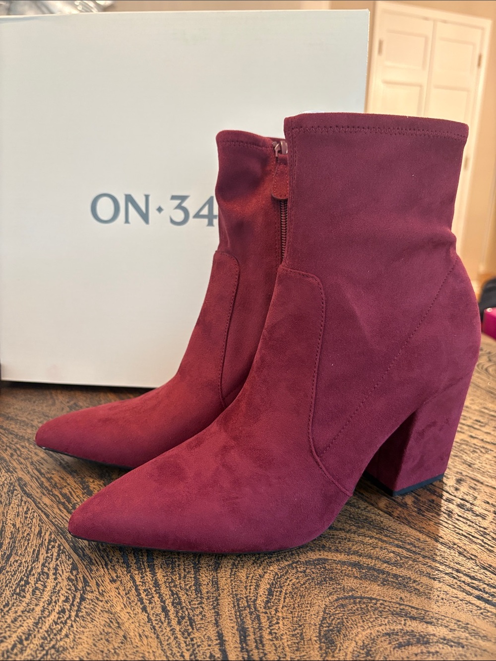 ON•34 Burgundy Suede Pointed Block-Heel Ankle Boots